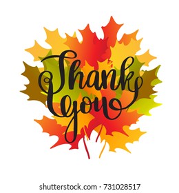 Happy Thanksgiving Day Sticker, Tag, Card Or Label Design. Phrase Thank You On Beautiful Maple Leaves Background