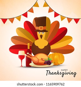 Happy Thanksgiving-Day-Template oder Flyer-Design mit Illustration von Turkey Bird, Festival Meal wie Chicken, Bier und Kürbis für Festivalkonzert Konzept.