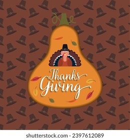 Happy thanksgiving day template with pumpkin and turkey bird Vector illustration