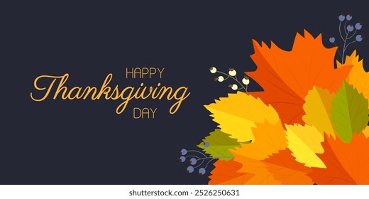 Happy Thanksgiving day text with autumn leaves on a dark background. Vector banner.