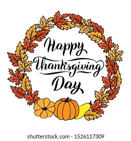 Happy Thanksgiving day text card in a frame with pumpkins and leaves. Greeting banner holiday lettering. Trendy poster design. Vector eps 10. 