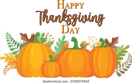 Happy Thanksgiving Day text effect with pumpkins and autumn leaves on isolated background . Vector illustration.