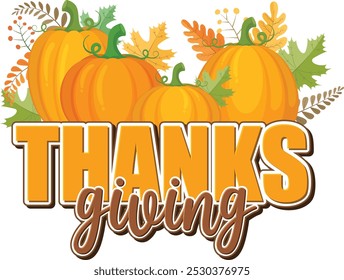 Happy Thanksgiving Day text effect with pumpkins and autumn leaves on isolated background . Vector illustration.