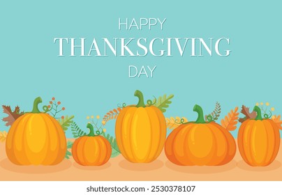 Happy Thanksgiving Day text effect with pumpkins and autumn leaves template. banner, poster greeting card, Thanksgiving invitation Vector illustration.