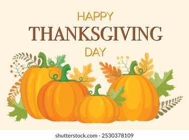 Happy Thanksgiving Day text effect with pumpkins and autumn leaves template. banner, poster greeting card, Thanksgiving invitation Vector illustration.