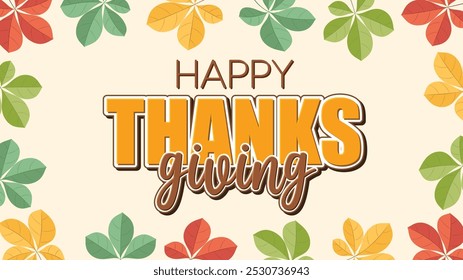 Efecto de texto de feliz Día de Acción de Gracias con marco de hojas de otoño, Plantilla, Anuncio, tarjeta de felicitación de cartel, Ilustración vectorial de invitación de Acción de Gracias.