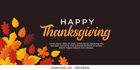 Happy thanksgiving day text minimal background with dry fall leaves vector illustration.