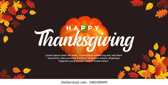 Happy thanksgiving day text on pumpkin fruit background and fall dry leaves vector illustration banner template