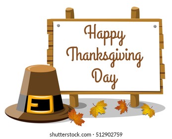 Happy thanksgiving day text on banner with pilgrim hat and leaves isolated