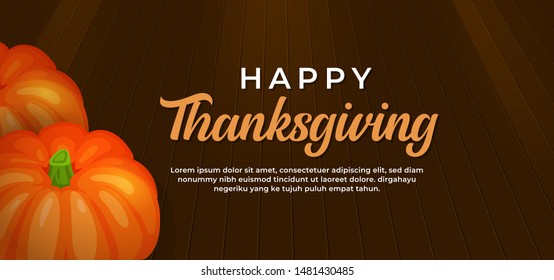 Happy thanksgiving day text with pumpkin fruit on wooden floor vector illustration banner template