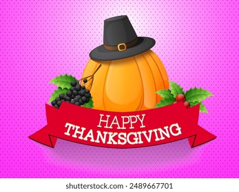 Happy Thanksgiving Day Text Ribbon with pumpkin, pilgrim hat, grapes, mistletoe on pink dotted background. Can Be Used Sticker, Greeting Card design.