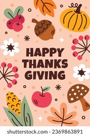 Happy Thanksgiving Day. thanks giving celebration. Happy Thanksgiving background. November 23. Cartoon Vector Illustration for Poster, Banner, Greeting Card, Flyer, Invitation Card, Cover, Template.