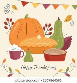 Happy Thanksgiving Day. thanks giving celebration. Happy Thanksgiving background. November 23. Cartoon Vector Illustration for Poster, Banner, Greeting Card, Flyer, Invitation Card, Cover, Template.