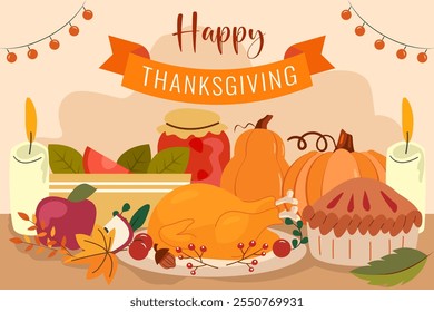 Happy Thanksgiving Day. thanks giving celebration. Happy Thanksgiving background. November. Cartoon Illustration for Poster, Banner, Greeting Card, Flyer, Invitation Card, Cover, Template.