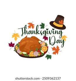 Happy Thanksgiving Day. A themed festive autumnal lettering. Congratulatory lettering with flat style decorations.