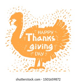 Happy Thanksgiving day with turkey bird silhouette and text. Vector symbol illustration isolated on white.