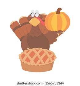 happy thanksgiving day turkey holding pumpkin and pie vector illustration