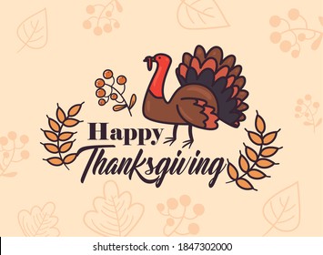 happy thanksgiving day turkey with leaves line and fill style icon design, Autumn season theme Vector illustration