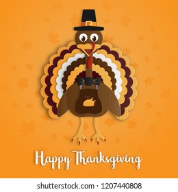 Happy Thanksgiving day with turkey paper art on yellow orange background. Holiday and festival concept. Decoration and greeting card theme. Digital Papercraft theme.