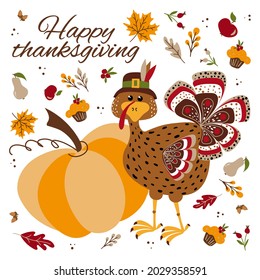 Happy Thanksgiving Day. Turkey, Pumpkin, Fruits And Autumn Leaves. Greeting Card, Poster Or Social Media Post.