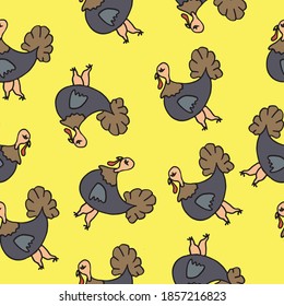 Happy Thanksgiving Day. Turkey seamless pattern on yellow background