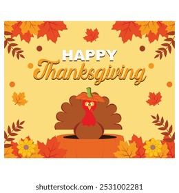 Happy Thanksgiving Day with Turkeys, Pumpkins, Leaves and Many Other Elements. flat vector modern illustration 