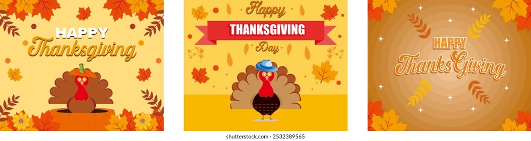 Happy Thanksgiving Day with Turkeys. Thanksgiving Day turkey banner with cute Thanksgiving turkey characters. Hand drawn Thanksgiving typography poster. Set flat vector modern illustration 