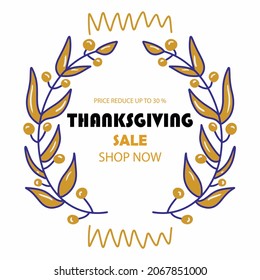 Happy Thanksgiving Day Typographic Poster Design template. Thank you greeting card template. Background full of branches and Leaves. Happy Thanksgiving banner. Badge vector illustration.sale tag price