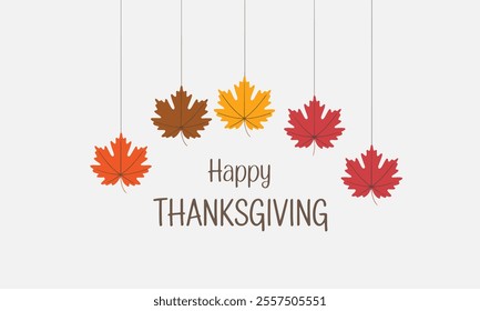 Happy Thanksgiving Day typographic poster design template. Thank you greeting card with branches and hanging maple leaves. Festive banner and badge vector illustration.