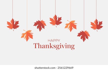 Happy Thanksgiving Day typographic poster design template. Thank you greeting card with branches and hanging maple leaves. Festive banner and badge vector illustration.