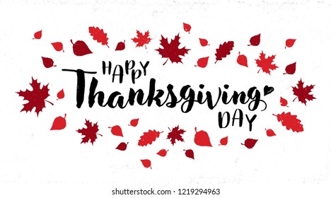 Happy Thanksgiving Day typography design for greeting card, banner, poster. Happy Thanksgiving lettering in frame made of autumn leaves. Vector illustration. 