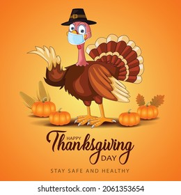 happy thanksgiving day typography. turkey bird with pumpkins and corn Thanksgiving design use for prints,flyers,banners, invitations,special offer. vector illustration. covid19, coronavirus concept.	