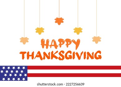 Happy Thanksgiving Day usa flag with hanging maple Leaves. Background full of branches and hanging maple Leaves. suitable for Festive background,banner,poster, greeting card, text lettering copyspace.