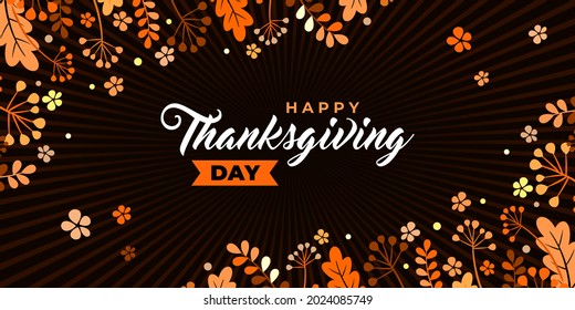 Happy thanksgiving day. Vector banner, greeting card with text Happy thanksgiving day for social media. Vignette, frame with autumn leaves and berries. Orange leaves of oak, ash on black background.