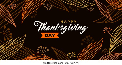 Happy thanksgiving day. Vector banner, greeting card with text Happy thanksgiving day for social media. Vignette, frame with autumn leaves and berries. Orange leaves of oak, ash on black background.