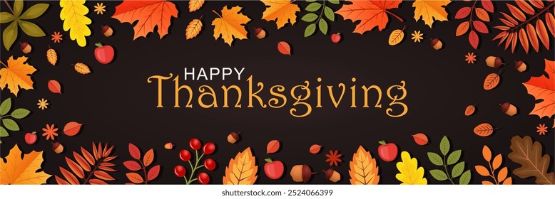 Happy Thanksgiving Day. Vector banner, Greeting card with text Happy thanksgiving for social media. Framed with autumn leaves and foliage. Best for social media banners.