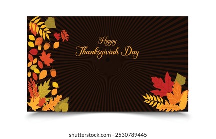 Happy Thanksgiving Day, vector banner, greeting card with text Happy Thanksgiving Day, with autumn leaves and orange flowers on black background.
