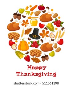 Happy Thanksgiving. Thanksgiving Day vector banner with traditional table plenty of food, roasted turkey, cornucopia with pumpkins, fruits and vegetables. Decoration for thanksgiving greeting cards