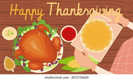 Happy Thanksgiving Day. Vector banners with traditional table, plenty of food, roasted turkey, Mashed Potatoes, Gravy, Cranberry Sauce, Corn and Pumpkin Pie. Decoration Background for thanksgiving