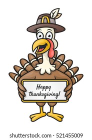 Happy thanksgiving  day. Vector cartoon turkey character in hat with blank.