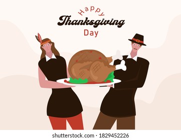 Happy thanksgiving day vector concept: Young Indian couple holding a big turkey with happy thanksgiving day text