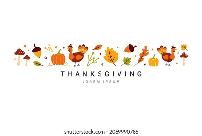 Happy Thanksgiving Day vector design for greeting cards, banner, postcard, invitation, party, poster on a textural background celebration. Autumn hand drawn vector vintage for holiday season.