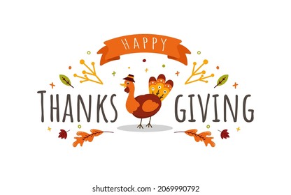 Happy Thanksgiving Day vector design for greeting cards, banner, postcard, invitation, party, poster on a textural background celebration. Autumn hand drawn vector vintage for holiday season.