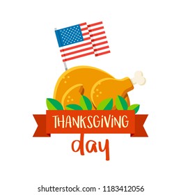 Happy Thanksgiving day vector greeting card with turkey and American flag. Flat celebration illustration