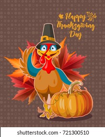 Happy Thanksgiving day vector greeting card with  turkey, pumpkin and leaves. Harvest festival.