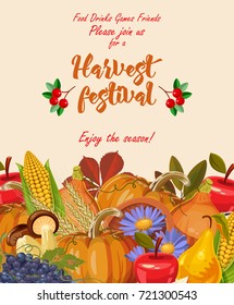 Happy Thanksgiving day vector greeting card with autumn fruit, vegetables, leaves and flowers. Harvest festival.