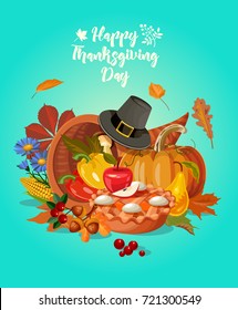 Happy Thanksgiving day vector greeting card with autumn fruit, vegetables, leaves and flowers. Harvest festival.