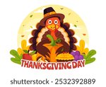 Happy Thanksgiving Day Vector Illustration with Turkey, Pumpkins, Leaves, and Various Other Elements in a Flat Style Cartoon Background