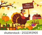 Happy Thanksgiving Day Vector Illustration with Turkey, Pumpkins, Leaves, and Various Other Elements in a Flat Style Cartoon Background