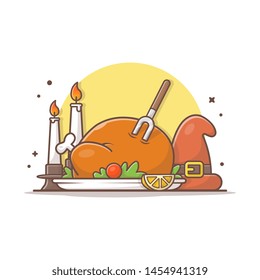 Happy Thanksgiving Day Vector Illustration. Turkey Time Illustration. Happy Turkey Day. Roasted Turkey Bird. Flat Cartoon Style Suitable for Web Landing Page,  Banner, Flyer, Sticker, Card, Background